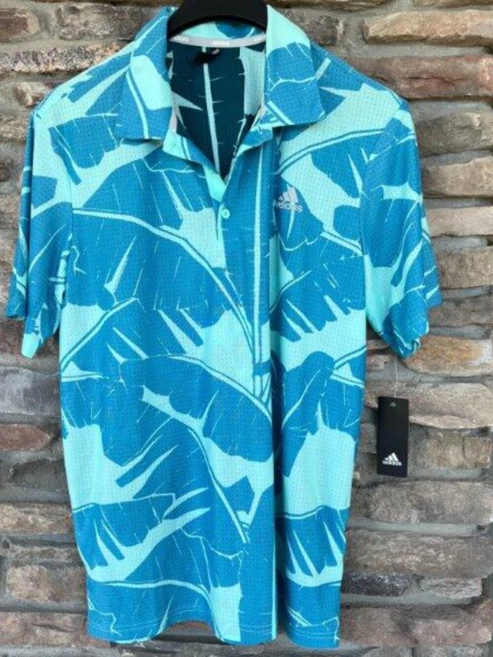 adidas Mesh Palm Leaf Polo Golf Shirt Men's Large Acid Mint Wild Teal NWT